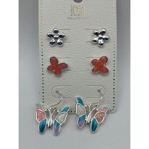 Icon Collection 3 Pair Earring Set Butterfly Flower Studs Dangle Silver Tone New